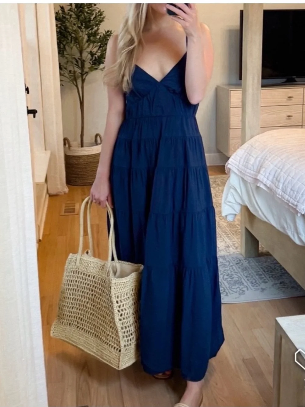 Abercrombie & Fitch Navy Tiered V-Neck Maxi with Spaghetti Straps With Pockets